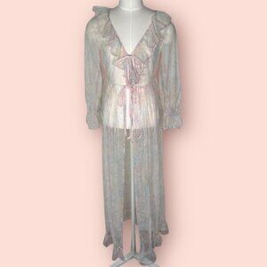 Vintage Mesh Sheer Robe Floral Pastel Coquette Ruffle Feminine Dainty  M